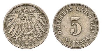 Германия 5 пфеннигов 1901 A KM 11, J. 12 медно-никель 4696-622