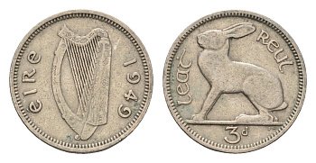 Ирландия 3 пенса 1949 заяц KM 12a медно-никель 4690-316