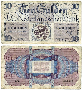 Нидерланды 10 гульденов 1945 герб, малый серийный номер, серия 3 CB Pick 74, Akkermans 34.1 a бумага 451-722-2
