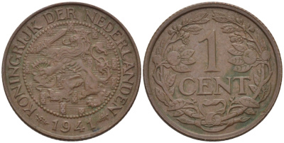 НИДЕРЛАНДЫ 1 ЦЕНТ 1941 ВИЛЬГЕЛЬМИНА (1890-1948) KM 152 бронза 39-118