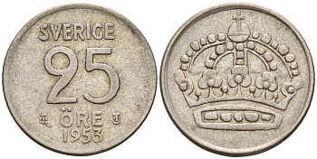 Швеция 25 эре 1953 TS, Густав VI Адольф (1950-1973) KM 824 серебро 4147-1036