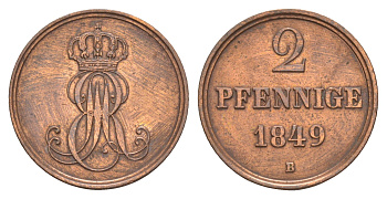 Ганновер 2 пфеннига 1849 B, Эрнст Август I (1837-1851) KM 202.1, AKS 124, J. 75 медь    1527-1131