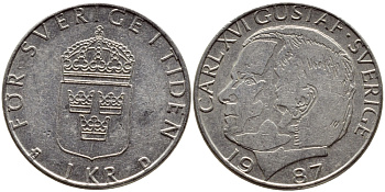Швеция 1 крона 1987 Карл XVI Густав (1973- ) KM 852a медно-никель 4397-1157