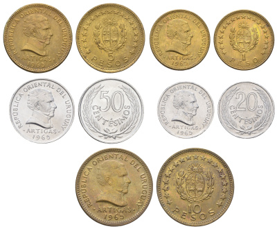 Уругвай годовой набор из 5 монет (2, 5, 10 25 и 50 сентимо; 1 песо) 1965 год-тип KM 44, 45, 46, 47 и 48 aUNC 4666-1121-1125