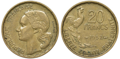 Франция 20 франков 1952 KM 917.1 алюминиевая бронза 51-2815