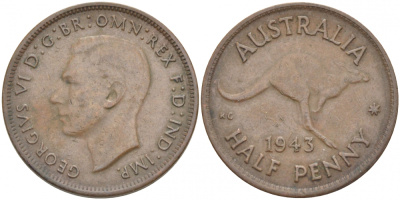 АВСТРАЛИЯ 1/2 ПЕННИ 1943 m, ГЕОРГ VI (1936-1952), КЕНГУРУ KM 41 бронза 3851-934