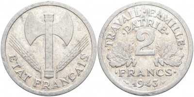 Франция 2 франка 1943 правительство Виши KM 904.1 алюминий 3855-642