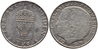 Швеция 1 крона 1987 Карл XVI Густав (1973- ) KM 852a медно-никель 4397-1157