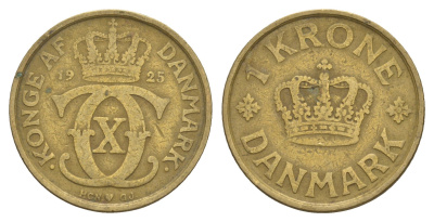 Дания 1 крона 1925 HCN, Кристиан X (1912-1947) KM 824 алюминиевая бронза 4657-325