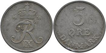 Дания 5 эре 1951 Фредерик IX (1947-1972) KM 843 цинк 4148-242