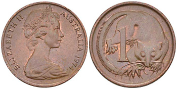 АВСТРАЛИЯ 1 ЦЕНТ 1974 ЕЛИЗАВЕТА II, МОЛОДОЙ ПОРТРЕТ, ОПОССУМ KM 62 бронза 100-813