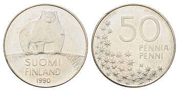 Финляндия 50 пенни 1990 полярный медведь KM 66 медно-никель UNC 4668-859