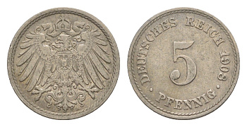 Германия 5 пфеннигов 1908 A, Вильгельм II (1888-1918) KM 11, J. 12 медно-никель 4640-125