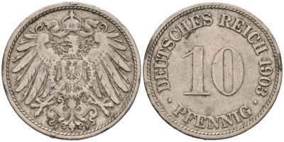Германия 10 пфеннигов 1903 F KM 12, J. 13, Weege 8 медно-никель 92-323