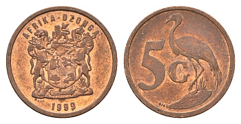 ЮАР 5 центов 1999 герб, райский журавль KM 160 сталь плакированная медью 4687-229