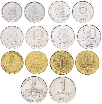 Аргентина набор из 7 монет (1, 5, 10 и 50 сентаво; 1, 5 и 10 песо) 1983, 1984 и 1985 KM 87, 88, 89, 90, 91, 92 и 93 UNC 4662-751-757