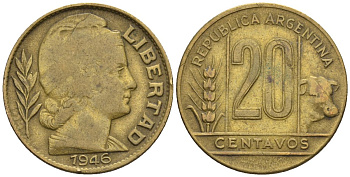 Аргентина 20 сентаво 1946 голова свободы вправо KM 42, CJ 200, Schon 45 алюминиевая бронза    60-923