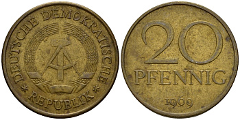 ГДР 20 пфеннигов 1969 A, первый год KM 11 латунь 4601-526