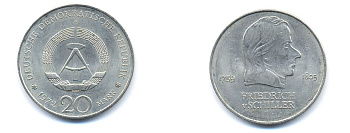 ГДР 20 марок 1972 А, Фридрих Шиллер (1759-1805) KM 40 медно-никель 3333-722