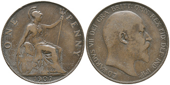 Великобритания 1 пенни 1907 Эдуард VII (1901-1910) KM 794.2, Spink 3990 бронза 32-445