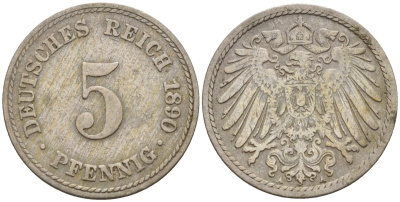 Германия 5 пфеннигов 1890 A KM 11, J. 12 медно-никель 4151-363