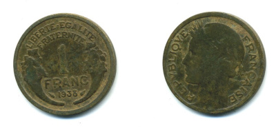 ФРАНЦИЯ 1 ФРАНК 1938 ТИП MORLON KM 885, LE FRANC 219.9 алюминиевая бронза 84-433