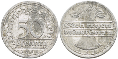 ГЕРМАНИЯ 50 ПФЕННИГОВ 1921 J KM 27, J. 301, Weege 10 алюминий 4182-721