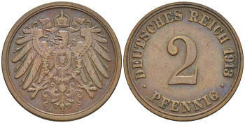 Германия 2 пфеннига 1913 A KM 16, J. 11, Weege 4 медь 206-634