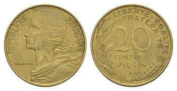 Франция 20 сантимов 1965 KM 930 алюминиевая бронза 4539-537
