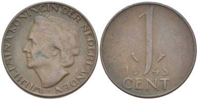 НИДЕРЛАНДЫ 1 ЦЕНТ 1948 ВИЛЬГЕЛЬМИНА (1890-1948) KM 107 бронза 214-1014