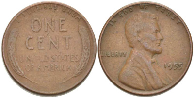 США 1 ЦЕНТ 1955 ЛИНКОЛЬН KM А132 медь цинк 3309-1141