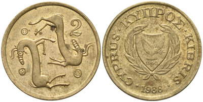 Кипр 2 цента 1988 KM 54.2 никель латунь 4174-1241