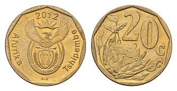 ЮАР 20 центов 2012 герб, цветок протея KM 466 сталь плакированная бронзой UNC 4687-648