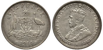 Австралия 6 пенсов 1914 L, Георг V (1910-1936), герб Австралии KM 25 серебро 272-124