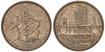 Франция 10 франков 1974 тип Матье KM 940, Le Franc 365.3-4 никель латунь 4123-611