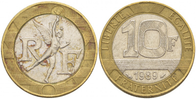 Франция 10 франков 1989 тип гений Бастилии KM 964.1, Le Franc 375.3 биметалл 4402-1146