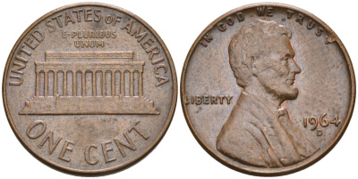 США 1 цент 1964 D, Линкольн KM 201 медь цинк 4115-834