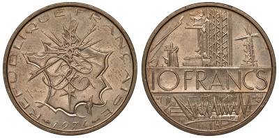 Франция 10 франков 1974 тип Матье KM 940, Le Franc 365.3-4 никель латунь 4123-611