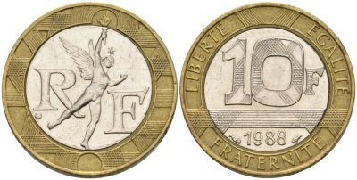 Франция 10 франков 1988 тип Гений Бастилии KM 964.1, Le Frank 375.2 биметалл 4573-1016