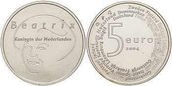 Нидерланды 5 евро 2004 королева Нидерландов Беатрикс, вступление в ЕЭС KM 252 серебро UNC 02-230-45
