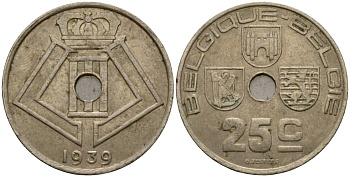 Бельгия 25 сантимов 1939 Belgique - Belgie KM 114 никель латунь 33-1147