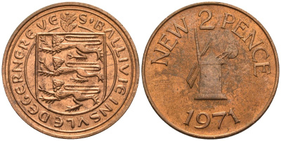 Гернси 2 пенса 1971 Ветряная мельница KM 22 бронза  aUNC  4610-444