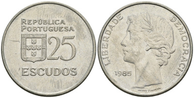 Португалия 25 эскудо 1985 KM 607a медно-никель 4148-532