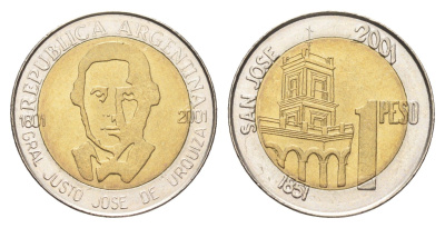 Аргентина 1 песо 2001 200 лет со дня рождения Хусто Хосе де Уркиза KM 132 биметалл UNC 4662-656