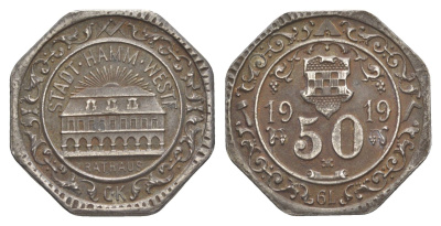 Хамм 50 пфеннигов 1919 солнечные лучи касаются здания мэрии Funck 191.14, Men05 10723.20, Men18 13447.20 железо 1528-133