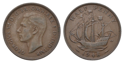 Великобритания 1/2 пенни 1948 Георг VI (1936-1952) KM 844, Spink 4115 бронза 4519-554