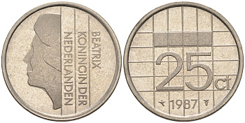 Нидерланды 25 центов 1987 Беатрикс (1980-2013) KM 204 никель UNC 4588-869