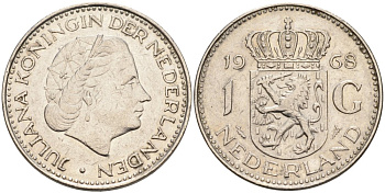 Нидерланды 1 гульден 1968 Юлиана (1948-1980) KM 184а никель 53-712