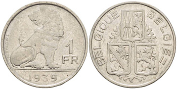 Бельгия 1 франк 1939 Леопольд III (1934-1950), Belgique-Belgie, лев KM 119 никель 4546-231