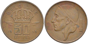 БЕЛЬГИЯ 50 САНТИМОВ 1953 BELGIQUE, БОДУЭН I (1951-1993) KM 144 бронза 116-963